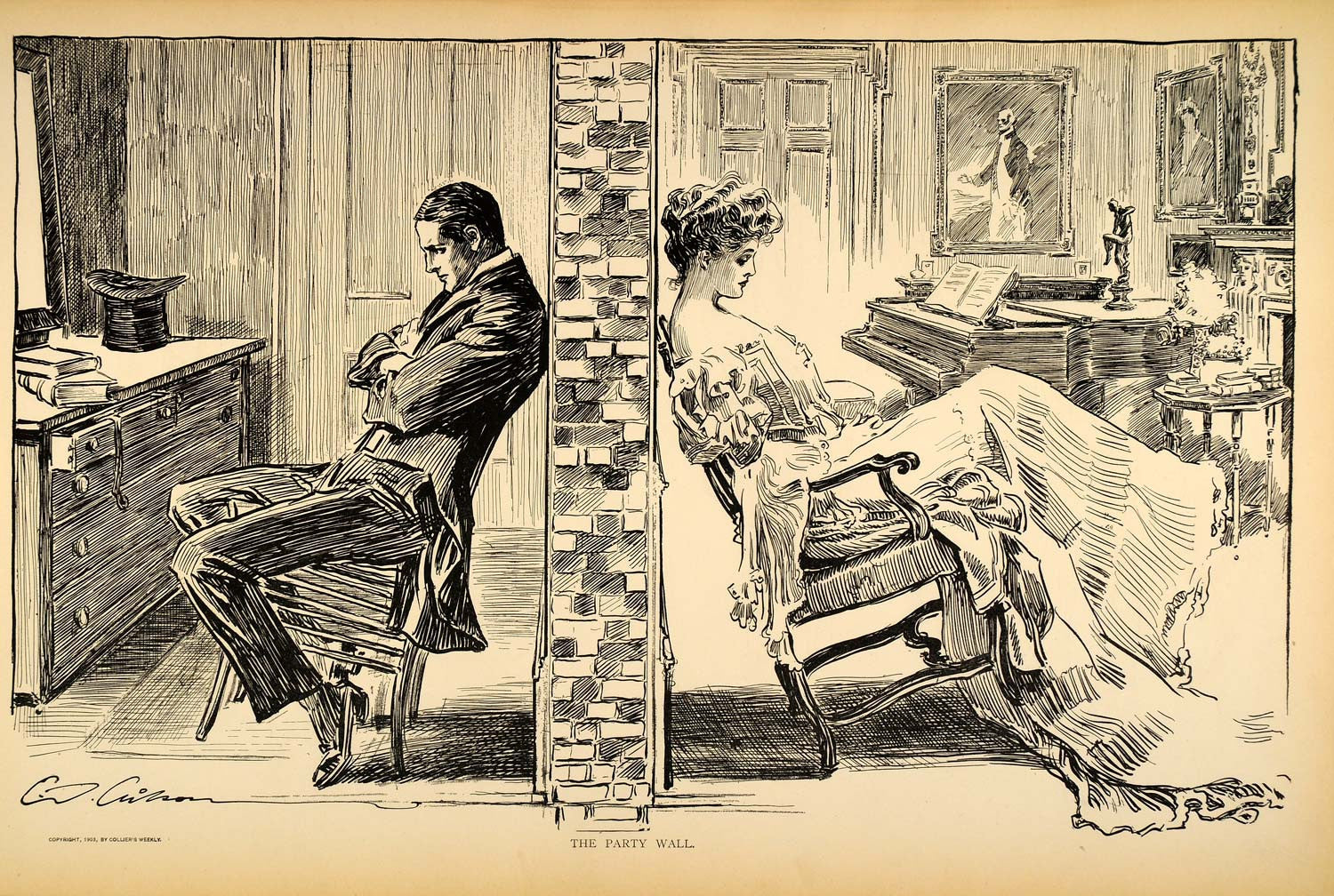 1906 Print Charles Dana Gibson Girl Brick Wall Love Romance Victorian Satire Art - Period Paper

