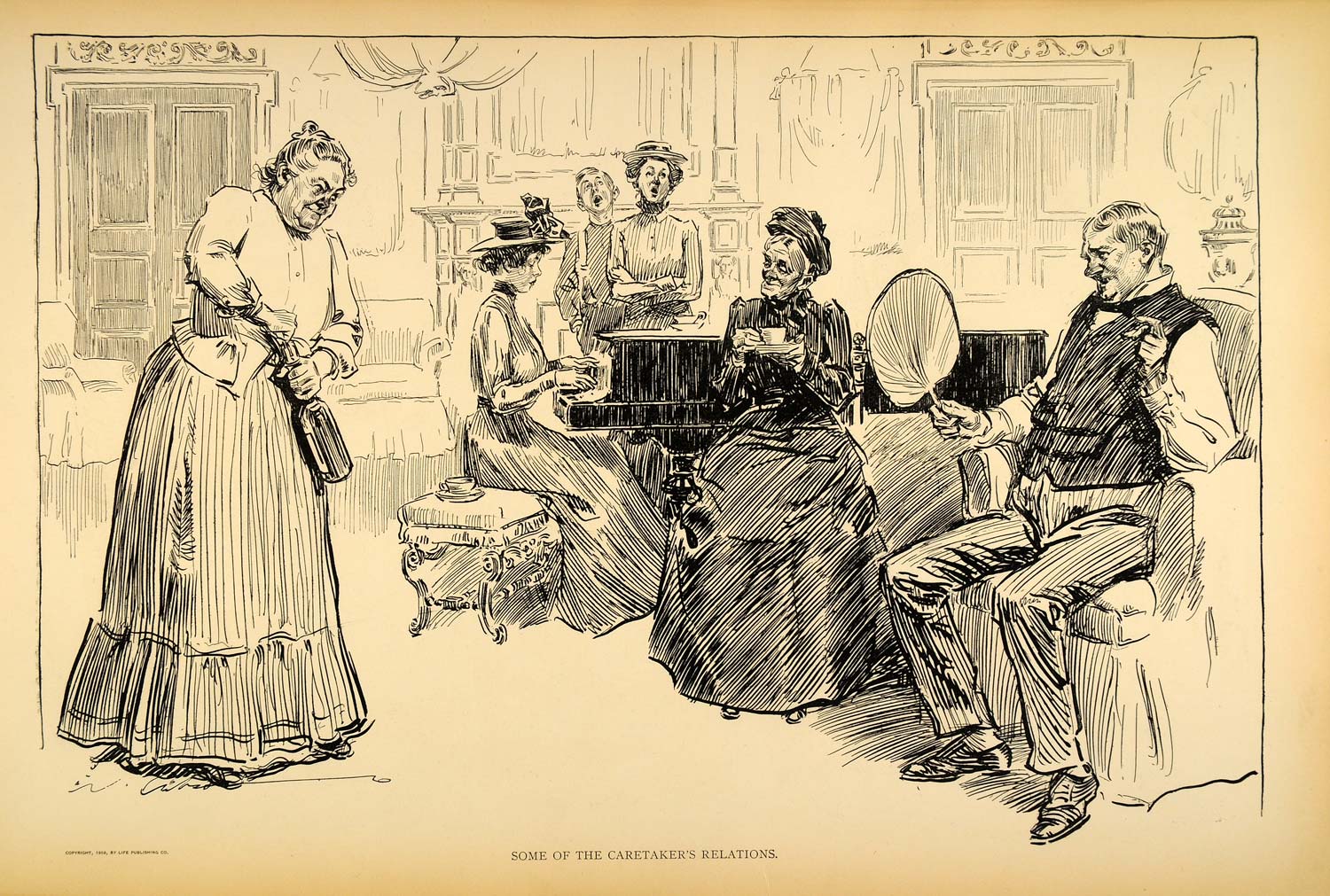 1906 Print Charles Dana Gibson Caretaker's Relations Victorian Satire Drawing