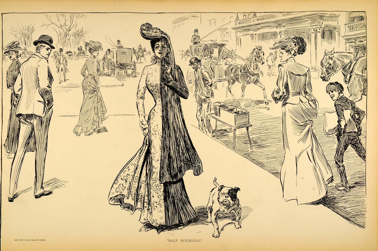 1906 Print Charles Dana Gibson Girl Victorian Mourning Dress Fashion Bulldog Art