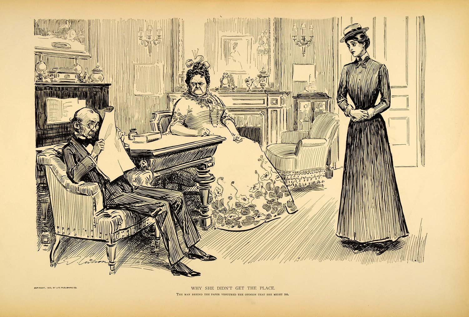 1906 Print Charles Dana Gibson Girl Woman Hiring Maid Satire Victorian –  Period Paper Historic Art LLC