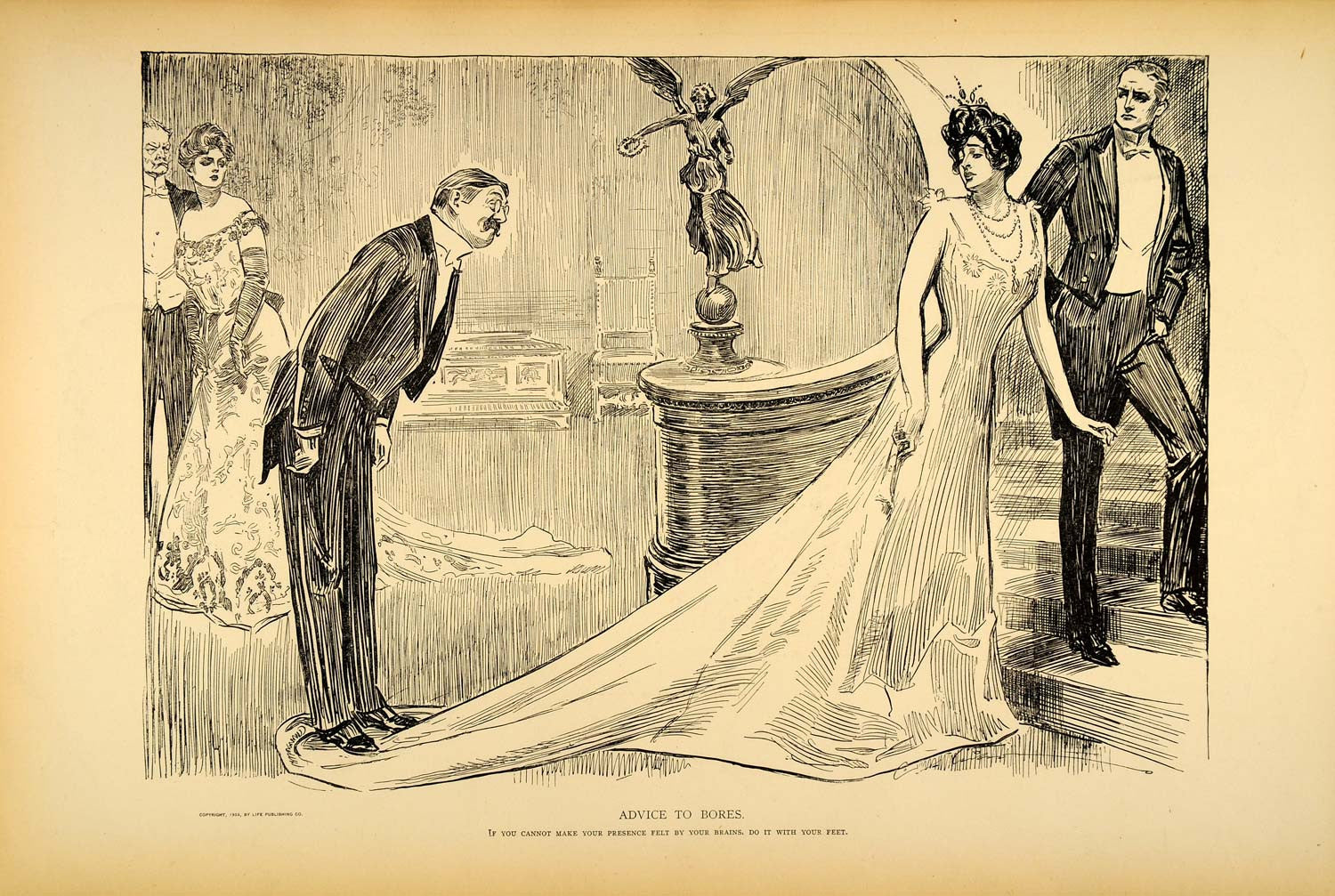 1906 Print Charles Dana Gibson Girl Dress Train Boor Victorian Society Satire