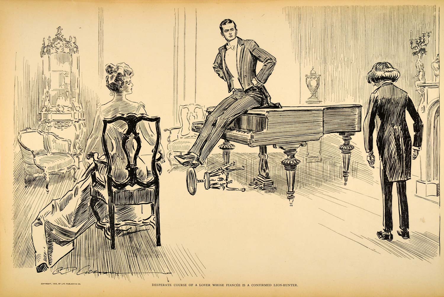 1906 Print Charles Dana Gibson Girl Lover Piano Fiancee Victorian Love Romance