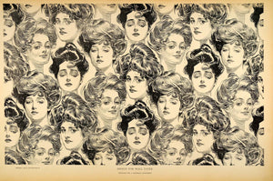 1906 Print Charles Dana Gibson Girls Heads Wallpaper Design Victorian Art Satire - Period Paper
