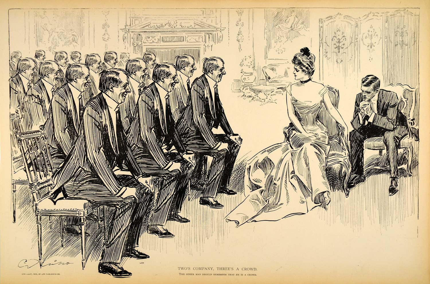 1906 Print Charles Dana Gibson Girl Bachelors Suitors Victorian Society Satire - Period Paper
