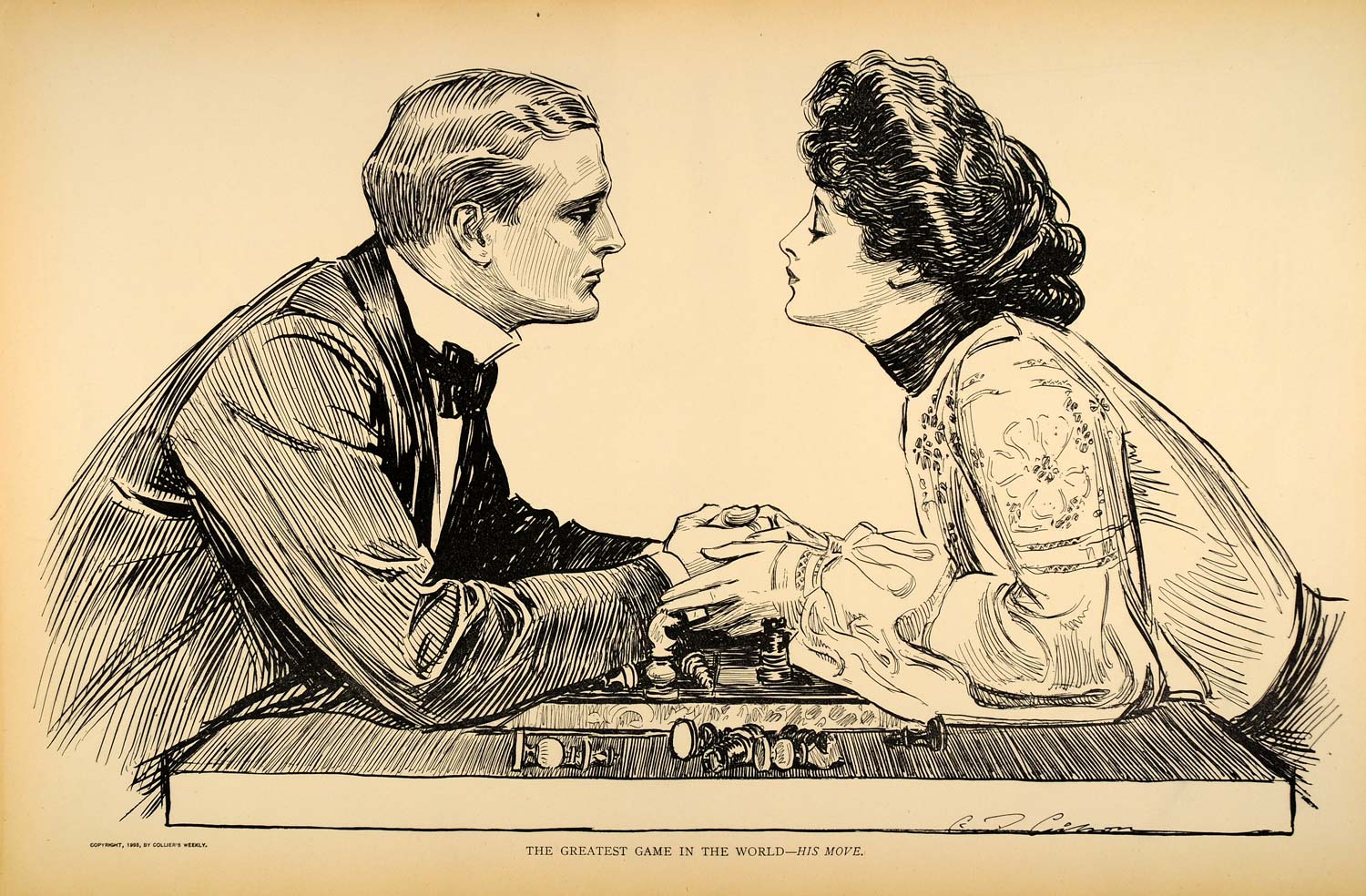 1906 Print Charles Dana Gibson Girl Lovers Chess Game Victorian Romance Satire