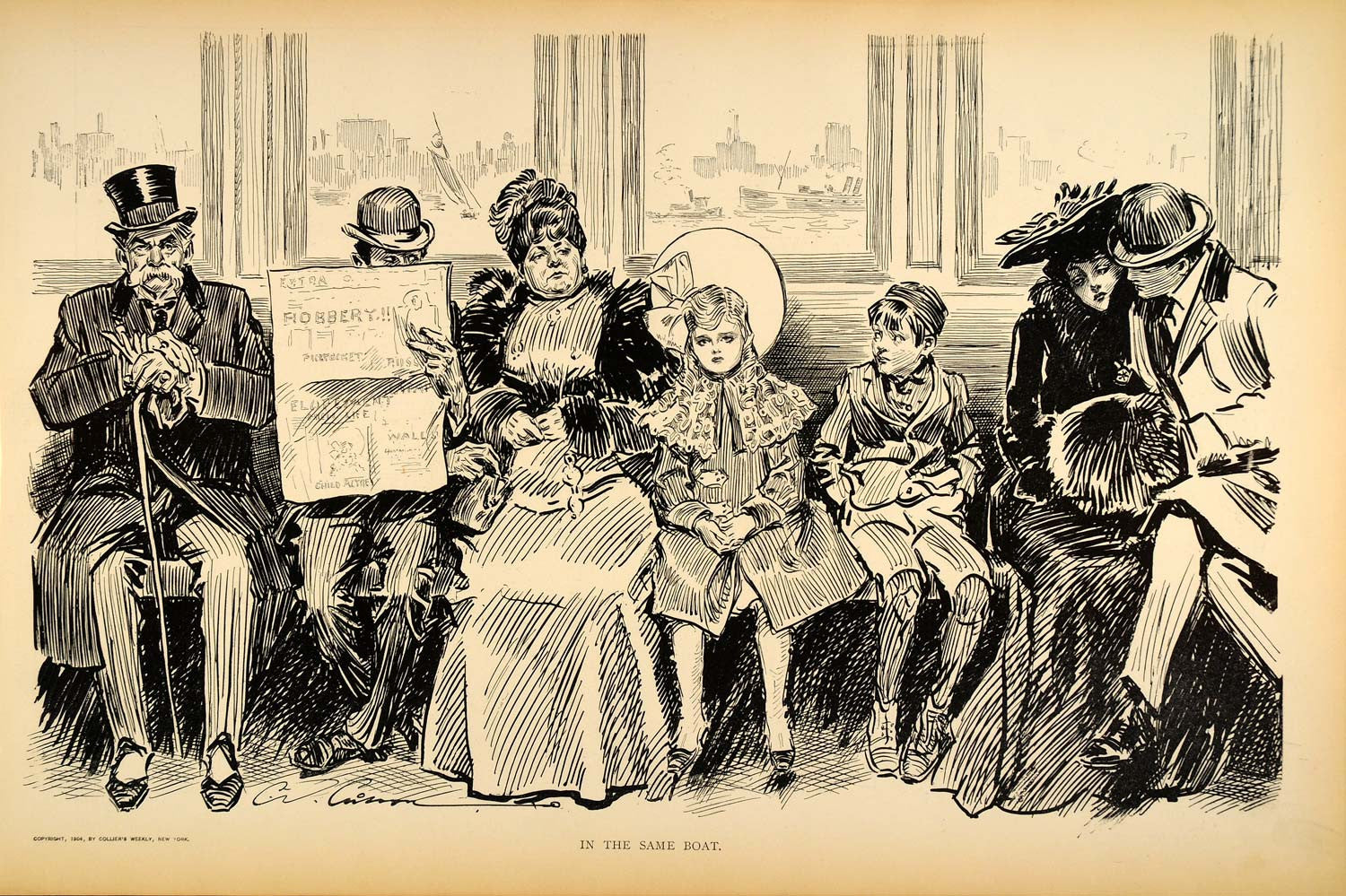 1906 Print Charles Dana Gibson Girl Boat Ferry Passengers Victorian Children Art - Period Paper
