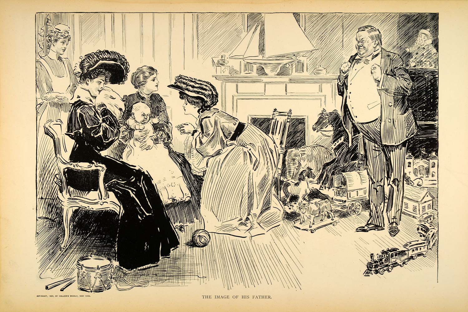 1906 Print Charles Dana Gibson Girl Baby Father Mother Victorian Family Satire