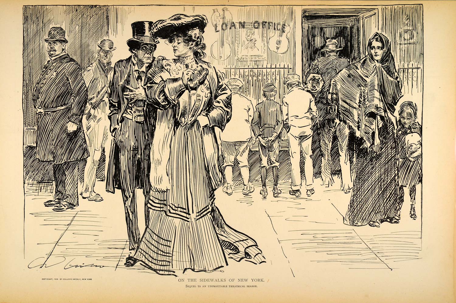 1906 Print Charles Dana Gibson Girl NYC Loan Office Pawn Shop Cop Victorian Art