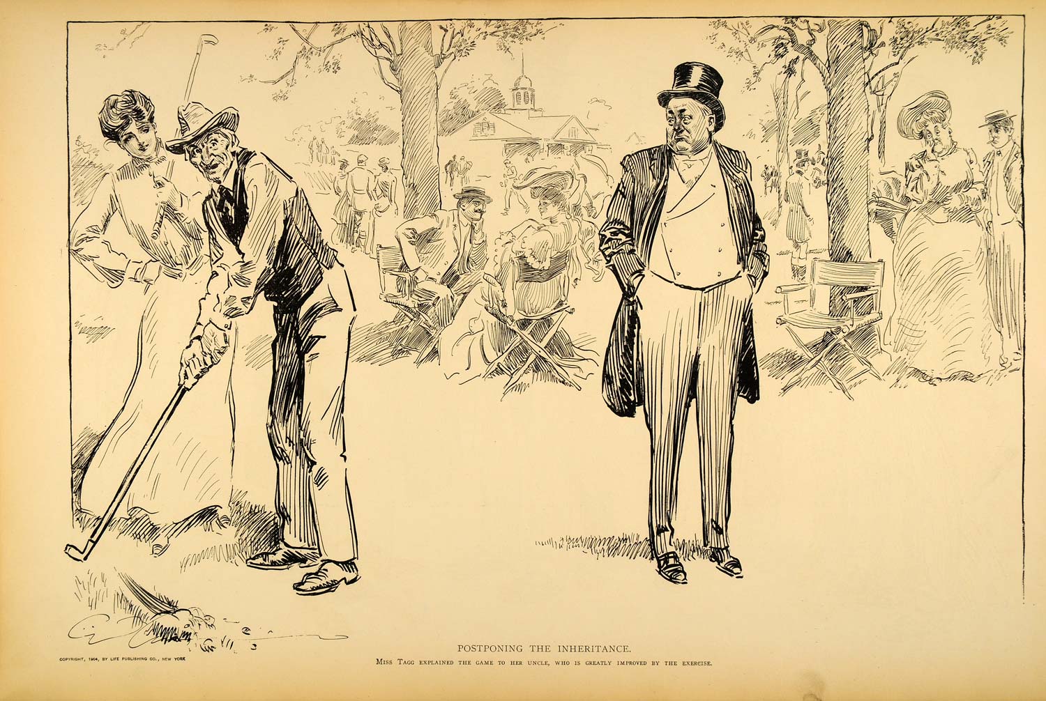 1906 Print Charles Dana Gibson Girl Uncle Vintage Golf Golfing Victorian Satire