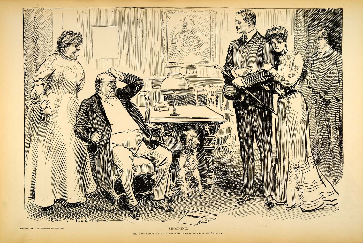 1906 Print Charles Dana Gibson Girl Mr. Tagg Daughter Engagement Victorian Art