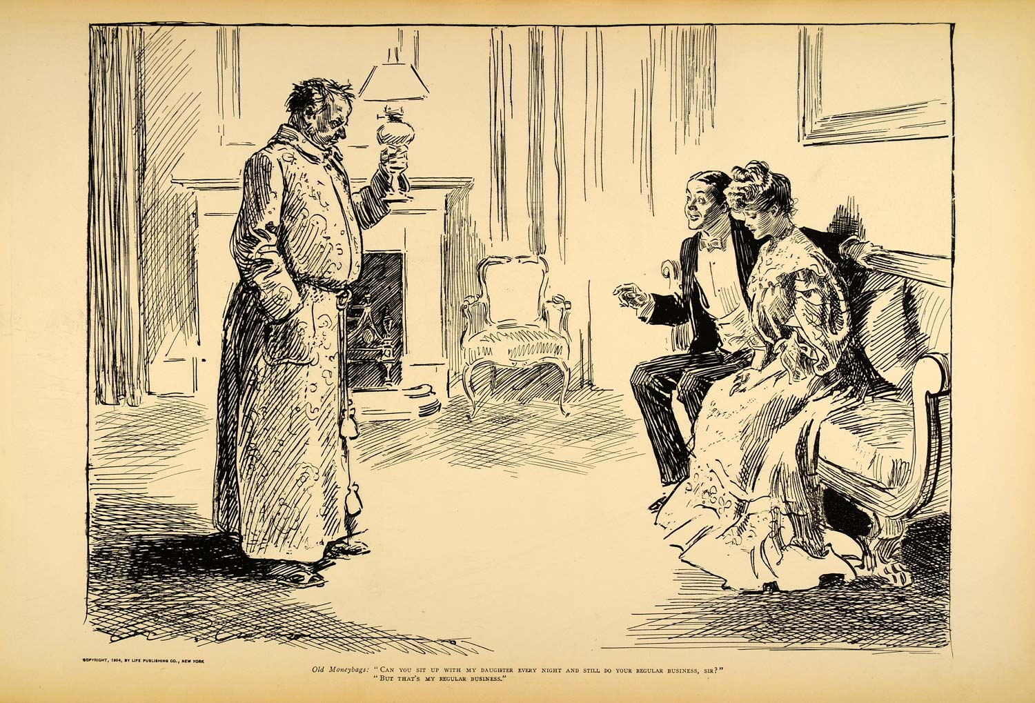 1906 Print Charles Dana Gibson Girl Father Lovers Victorian Romance Satire Humor