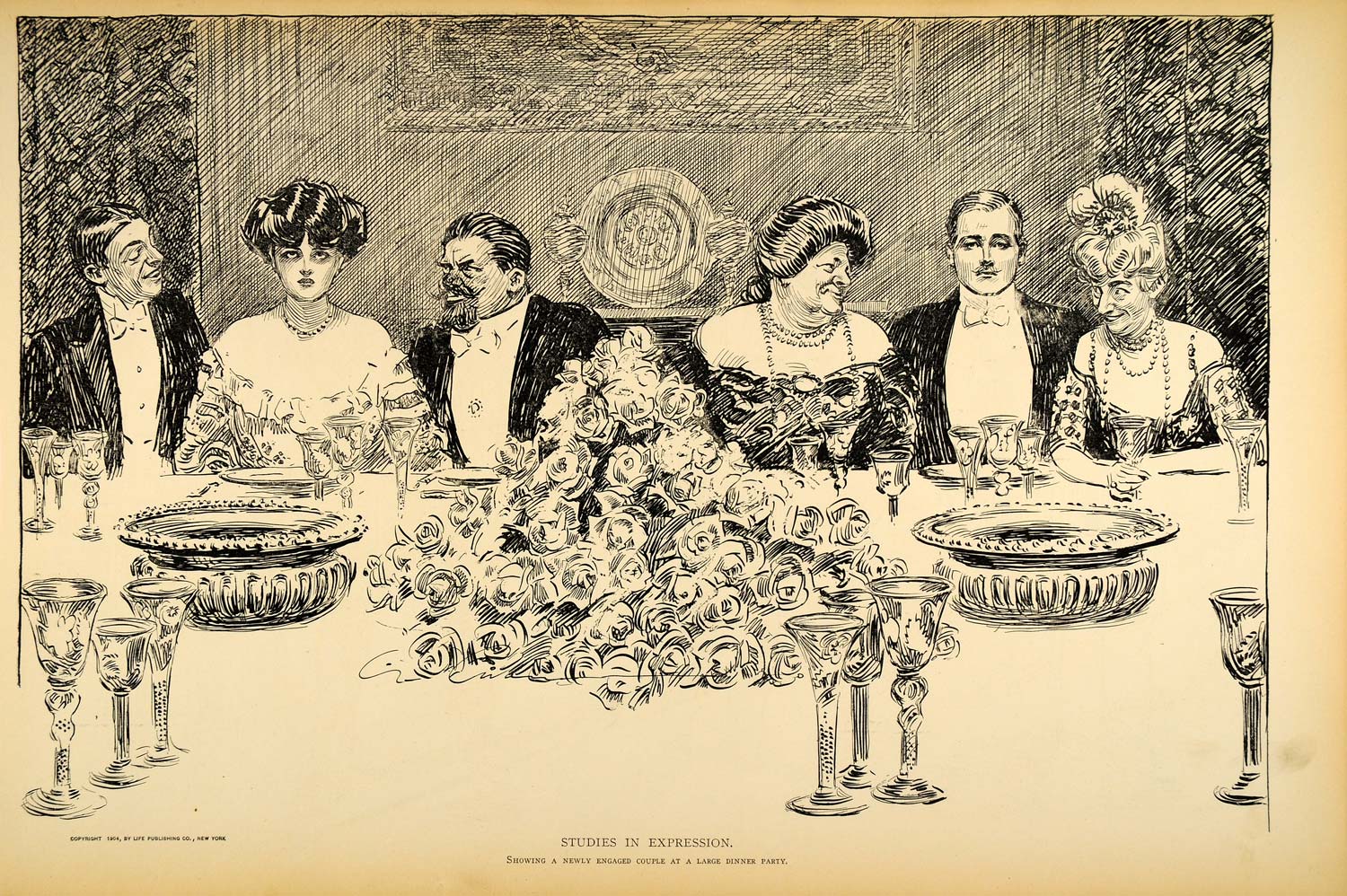 1906 Print Charles Dana Gibson Girl Dinner Victorian Society Lovers Satire Humor