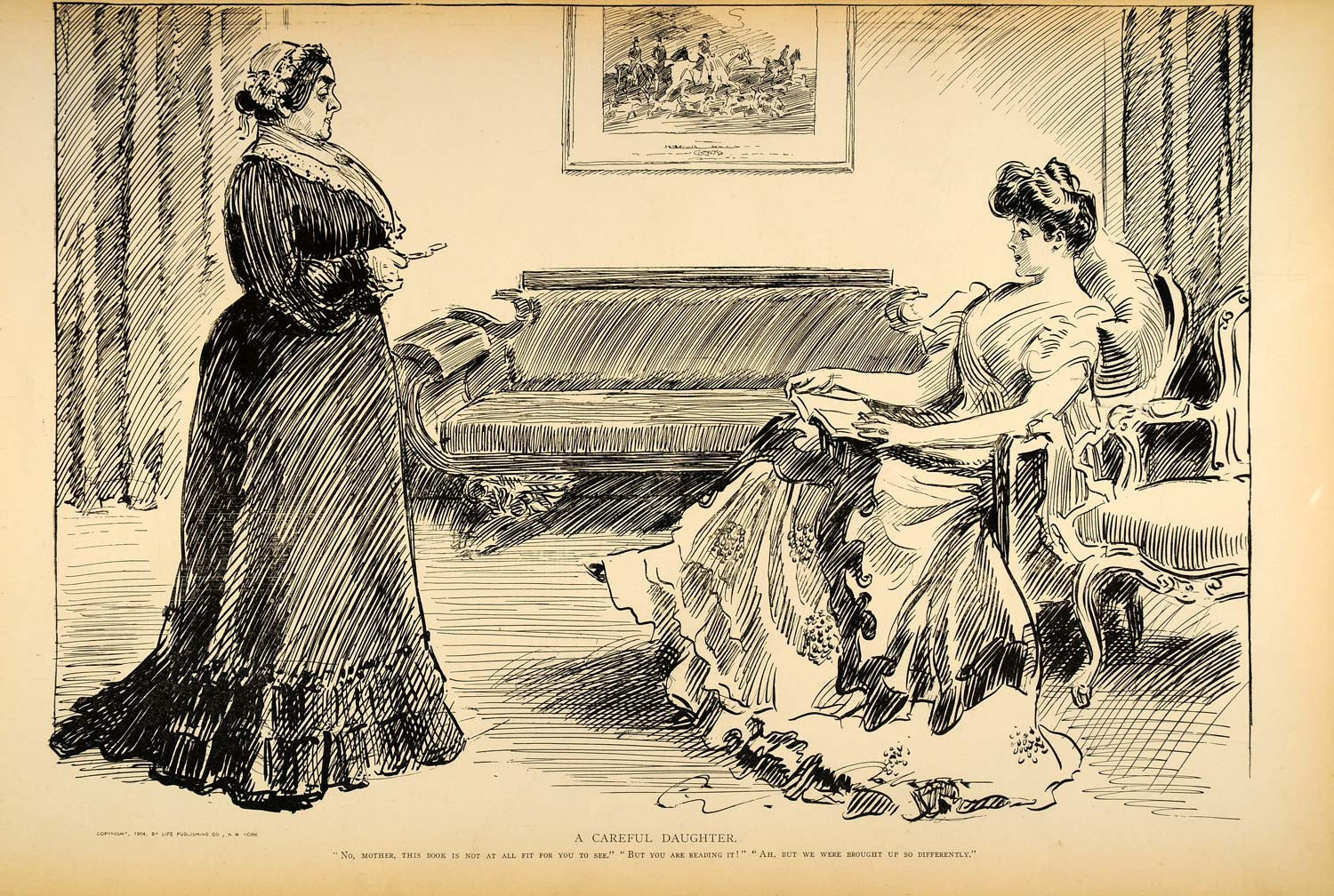 1906 Print Charles Dana Gibson Girl Mother Daughter Victorian Society Satire Art - Period Paper
