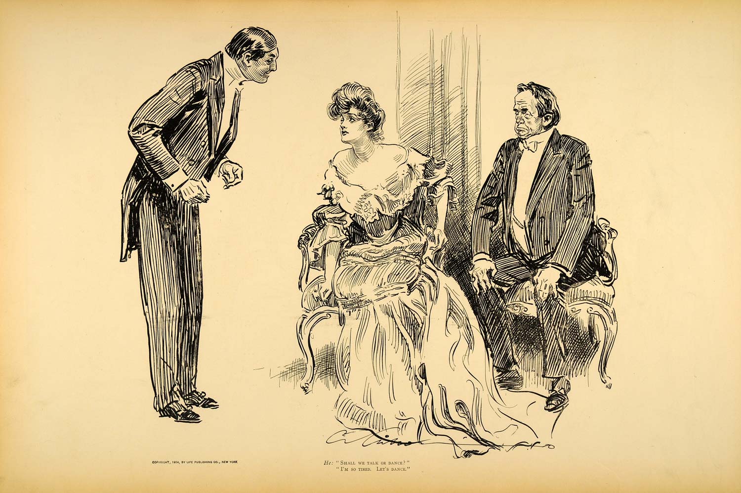 1906 Print Charles Dana Gibson Girl Dance Gentlemen Victorian Society Satire Art