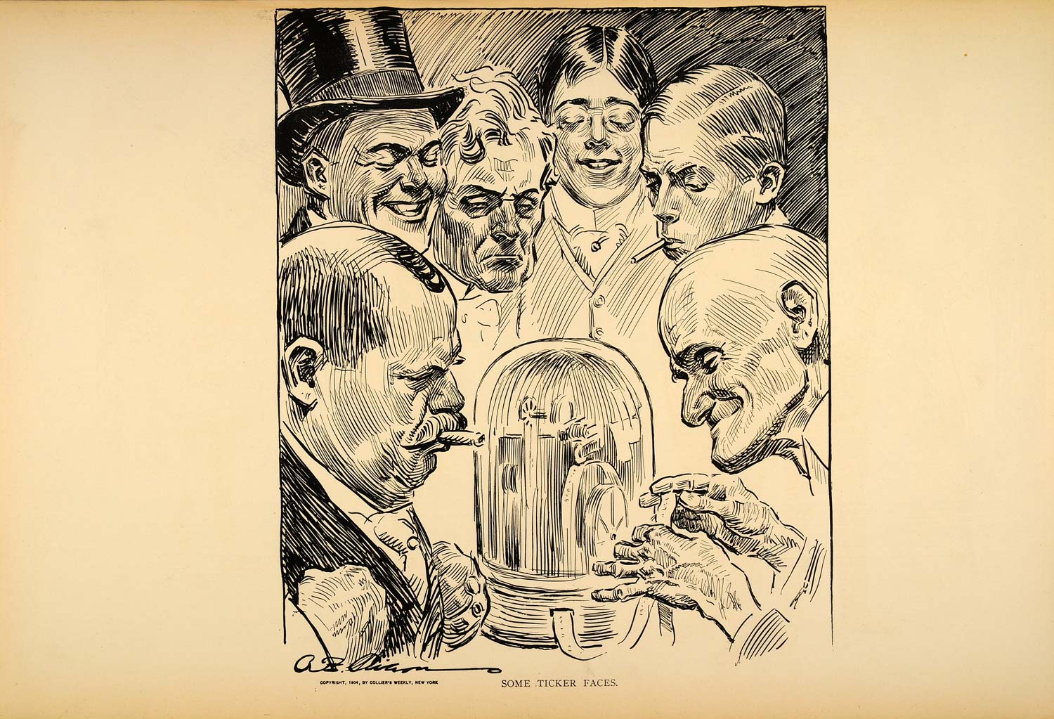 1906 Print Charles Dana Gibson Ticker Tape Businessmen Faces Victorian Humor Art