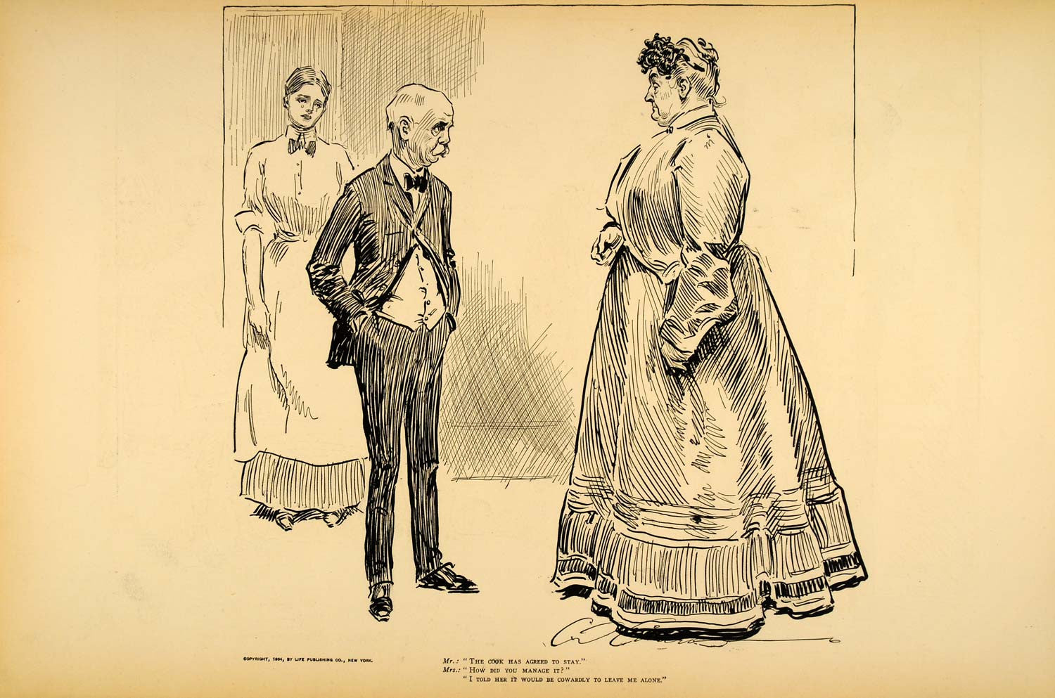1906 Print Charles Dana Gibson Girl Cook Husband Wife Victorian Satire Humor Art - Period Paper
