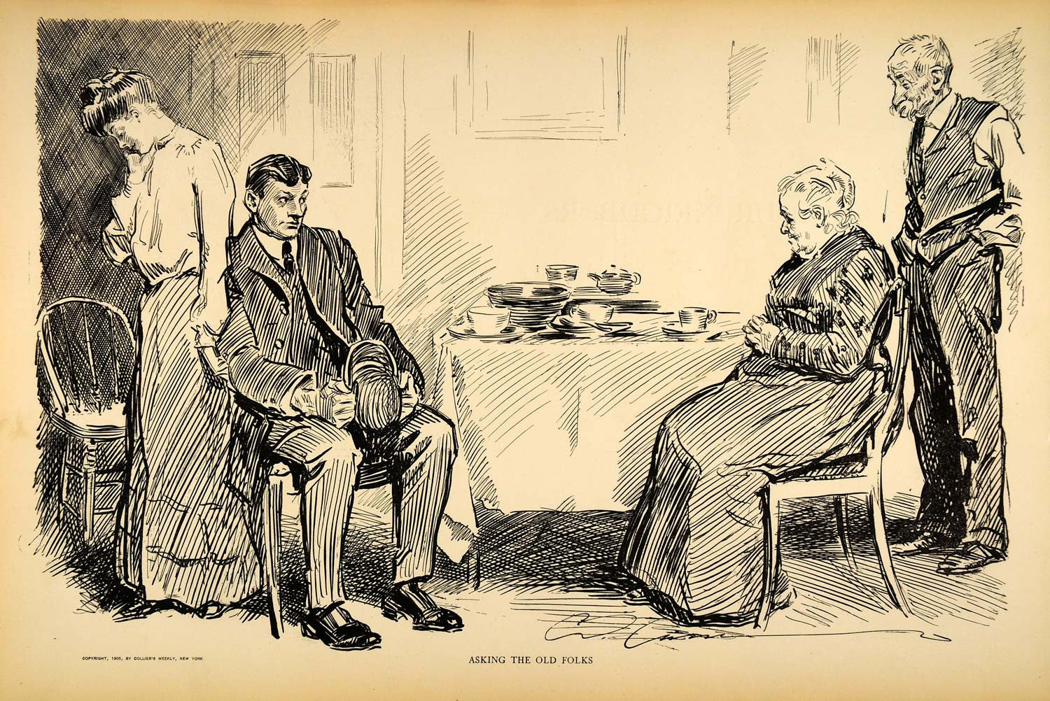 1906 Print Charles Dana Gibson Girl Lovers Engagement Parents Marriage Question - Period Paper
