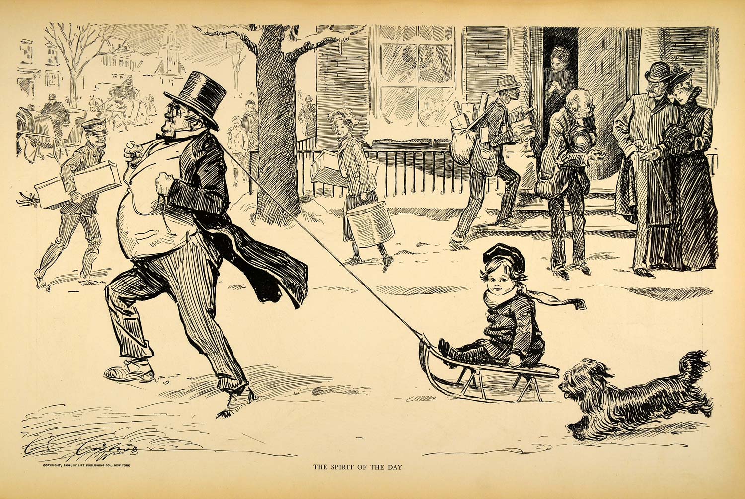 1906 Print Charles Dana Gibson Child Sled Victorian Christmas Dog Drawing Sketch