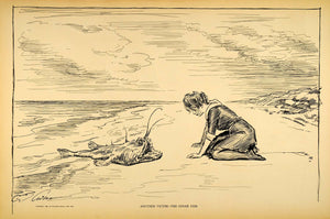1906 Print Charles Dana Gibson Girl Strange Fish Beach Seashore Victorian Humor