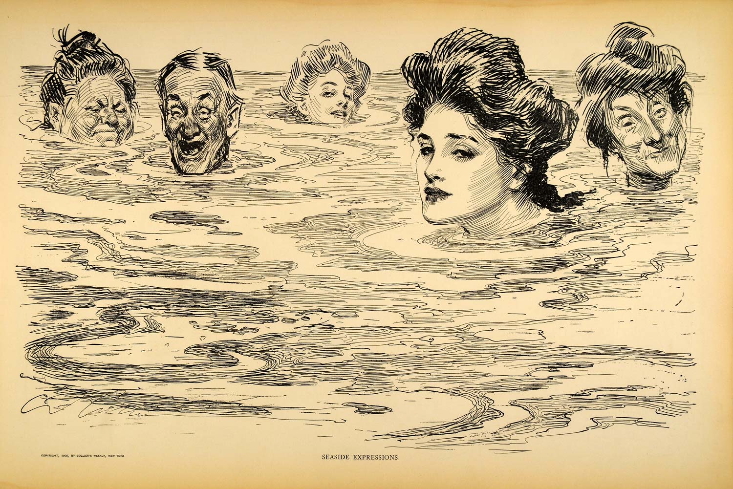 1906 Print Charles Dana Gibson Girl Swimming Victorian Swimmers Faces Humor