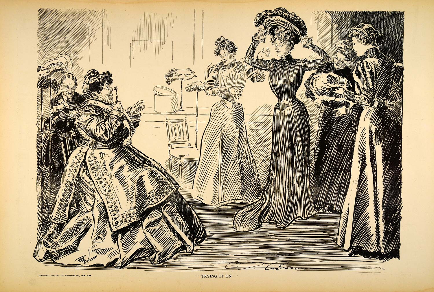 1906 Print Charles Dana Gibson Girl Victorian Ladies Hat Millinery Shop Fashion
