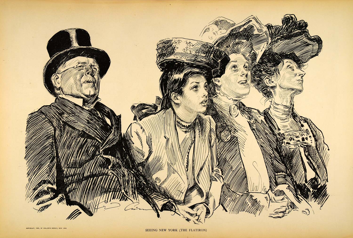 1906 Print Charles Dana Gibson Tourists New York City Victorian Portrait Drawing