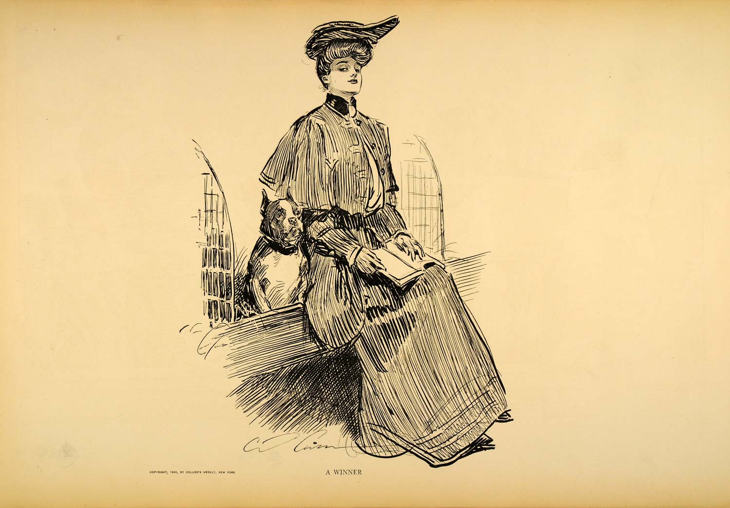 1906 Print Charles Dana Gibson Girl Winner Races Dog Victorian Fashion Drawing