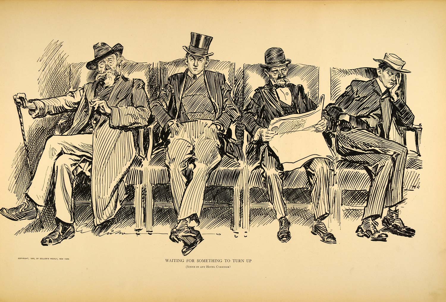 1906 Print Charles D. Gibson Salesmen Hotel Lobby Victorian Humor Satire Drawing