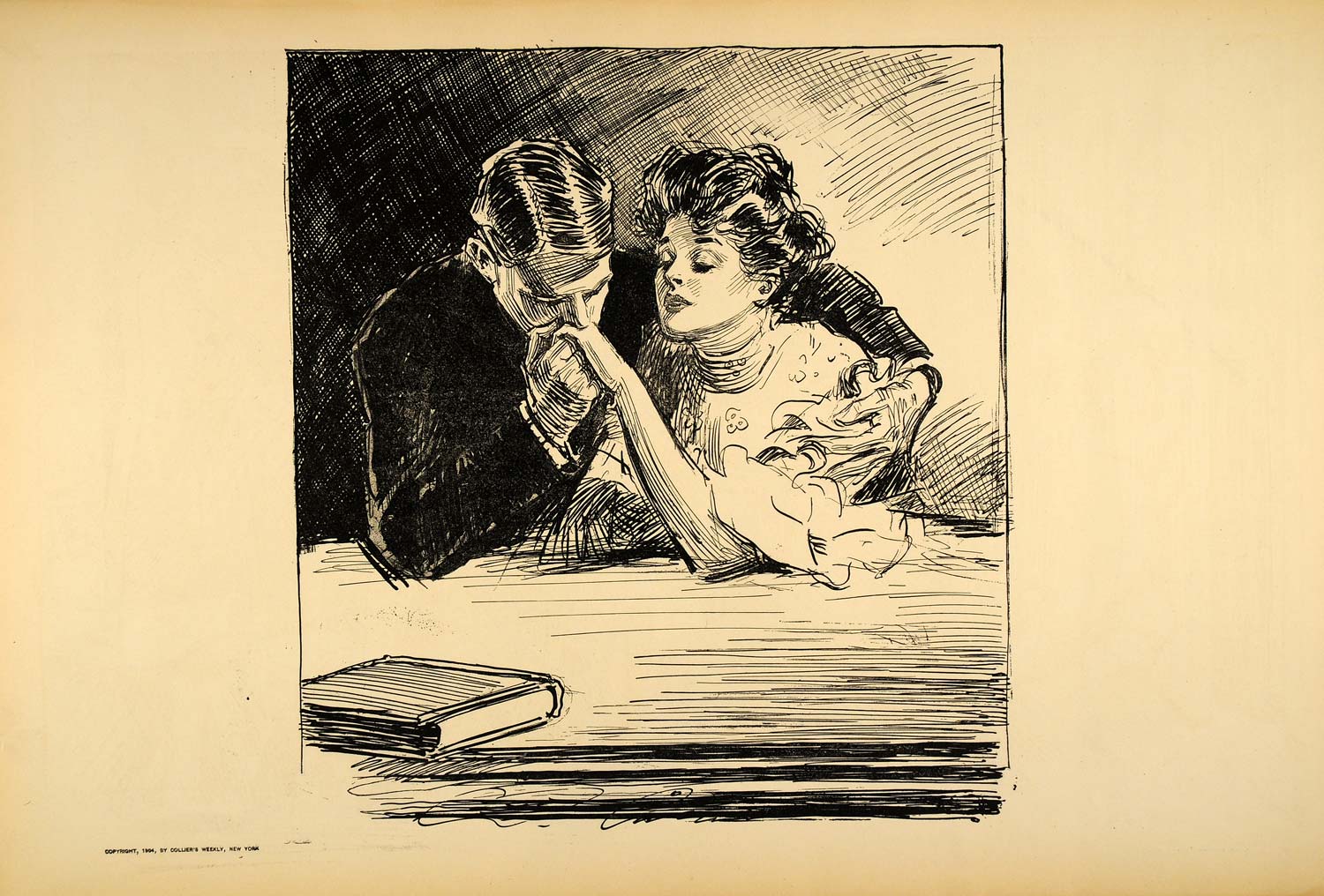 1906 Print Charles Dana Gibson Girl Lovers Kiss Victorian Romance Love Drawing