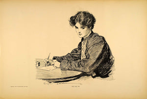 1906 Print Charles Dana Gibson Girl Writing Letter Pen Victorian Romance Drawing