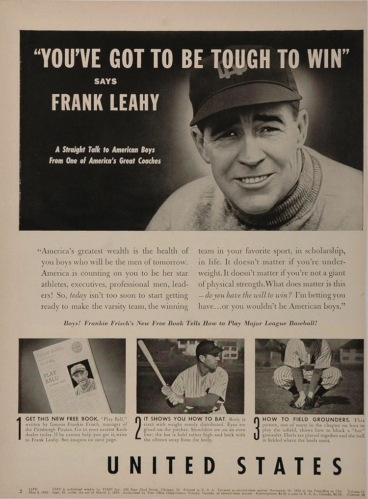 1942 Print Ad Baseball Frankie Frisch Frank Leahy - ORIGINAL ADVERTISING