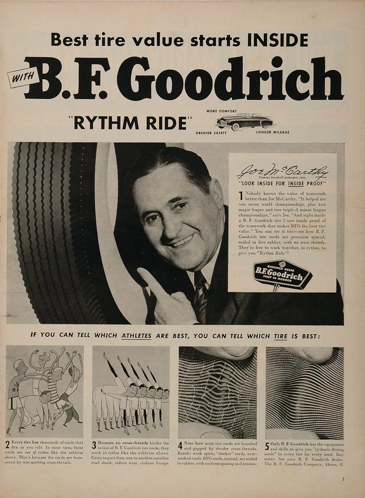 1950 Ad Goodrich Tires Joe McCarthy Baseball Manager - ORIGINAL ADVERTISING