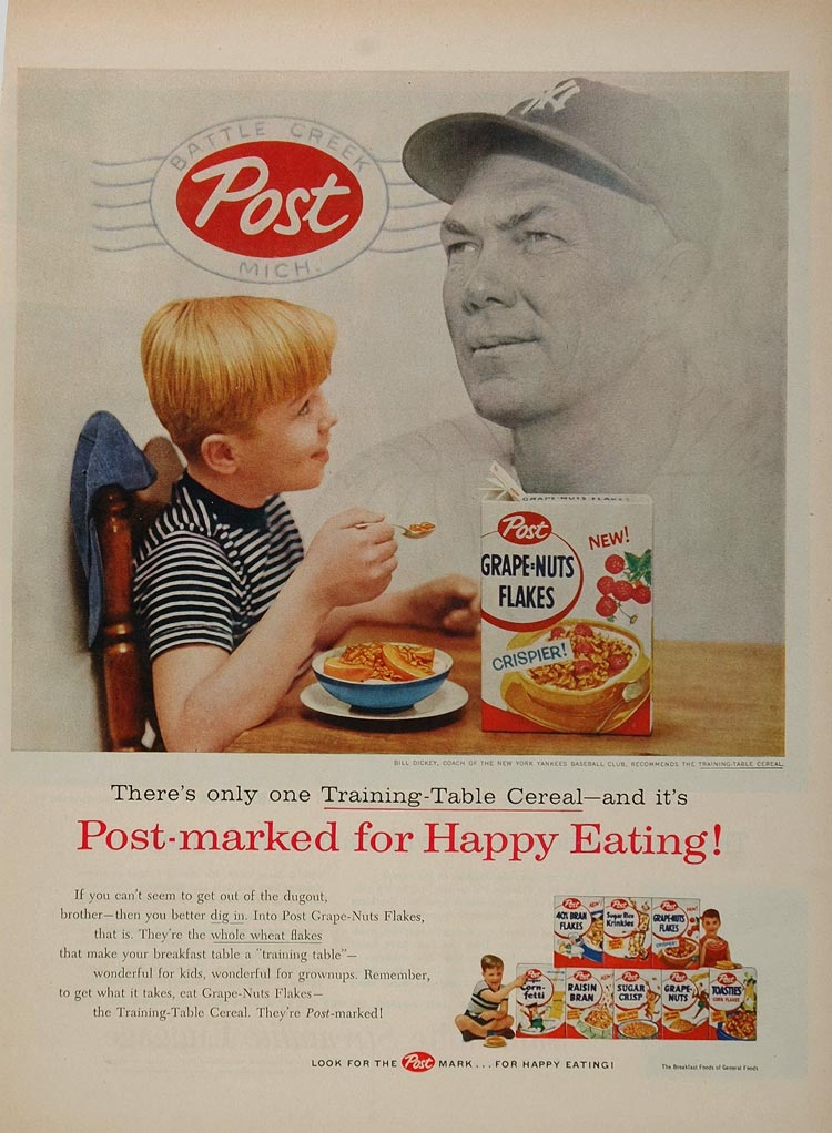1956 Ad Post Grape Nuts Bill Dickey Coach NY Yankees - ORIGINAL ADVERTISING
