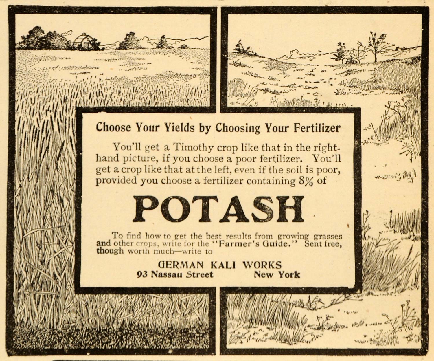 1907 Ad Farmer Guide Potash German Kali Works Nassau St - ORIGINAL CG1
