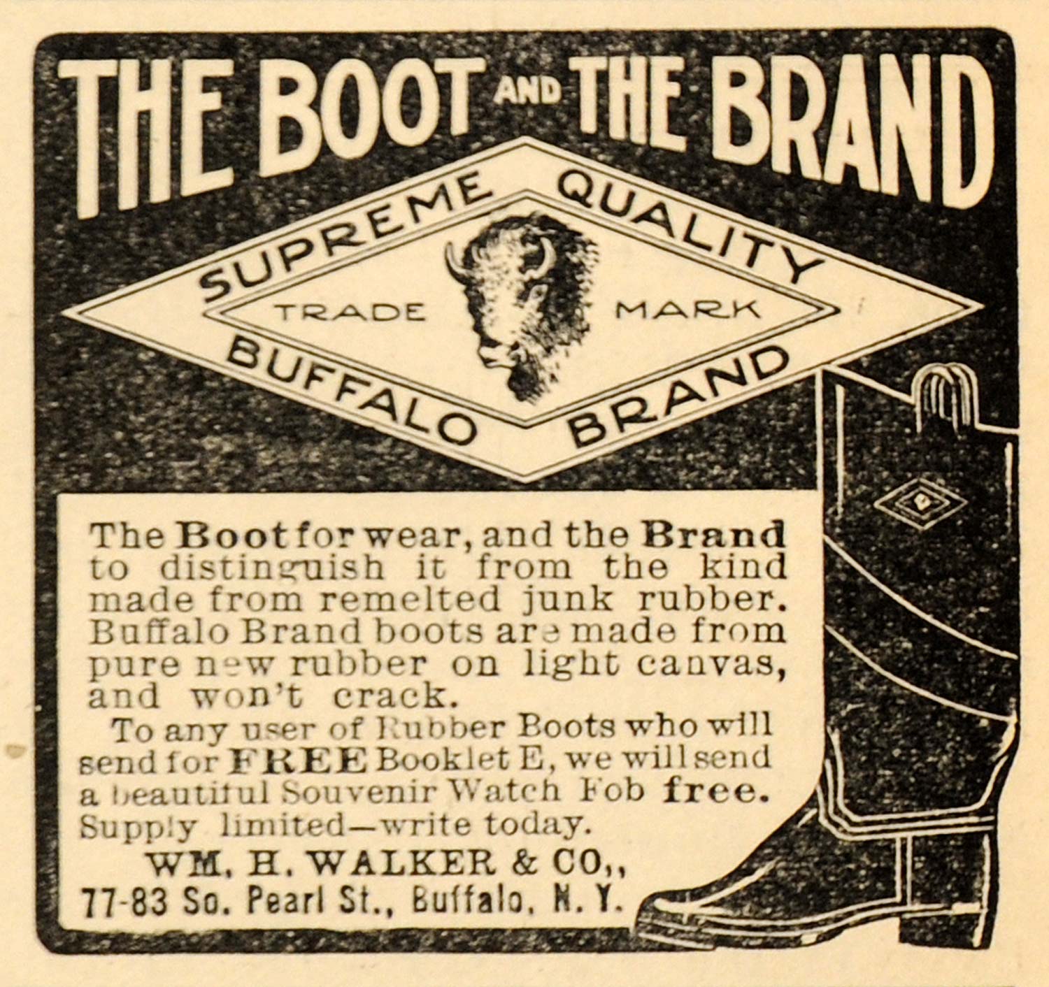 1907 Ad William H Walker & Company Buffalo Brand Boot - ORIGINAL ADVERTISING CG1