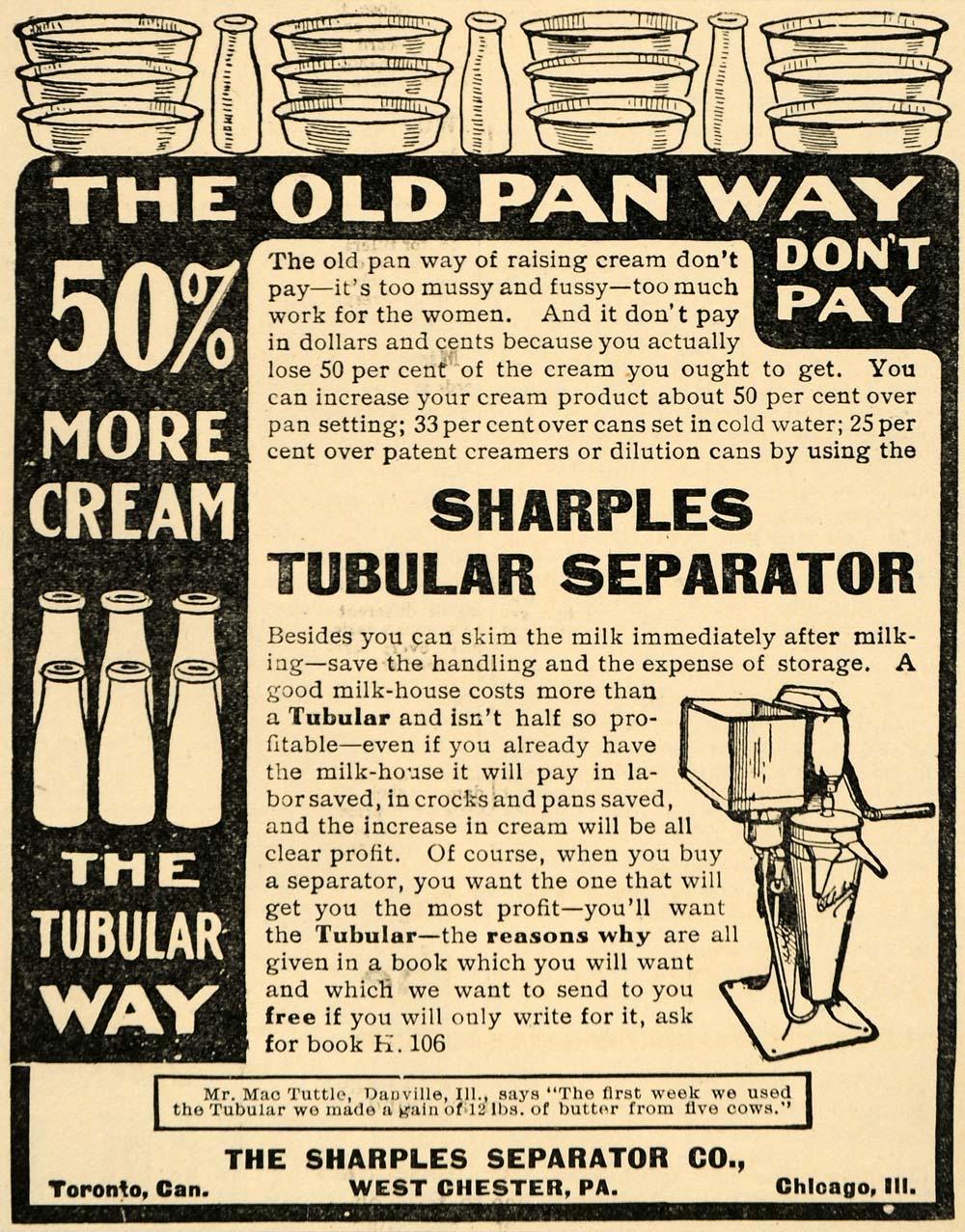 1907 Ad Skim Milk Sharples Tubular Separator Company - ORIGINAL ADVERTISING CG1