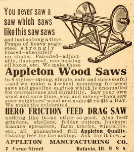 1907 Ad Appleton Manufacturing Wood Saw Hero Friction - ORIGINAL ADVERTISING CG1
