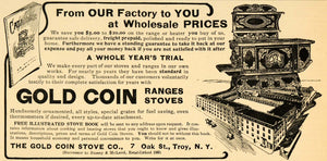 1907 Ad Gold Coin Stove Range Antique Factory Troy NY - ORIGINAL ADVERTISING CG1