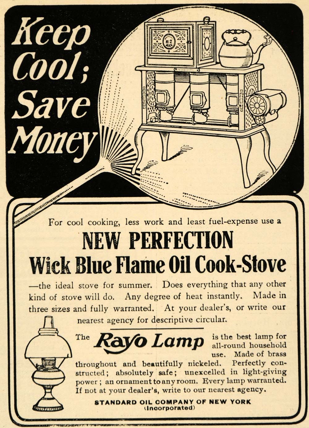 1907 Ad Rayo Lamp Wick Blue Flame Oil Cook-Stove Socony - ORIGINAL CG1