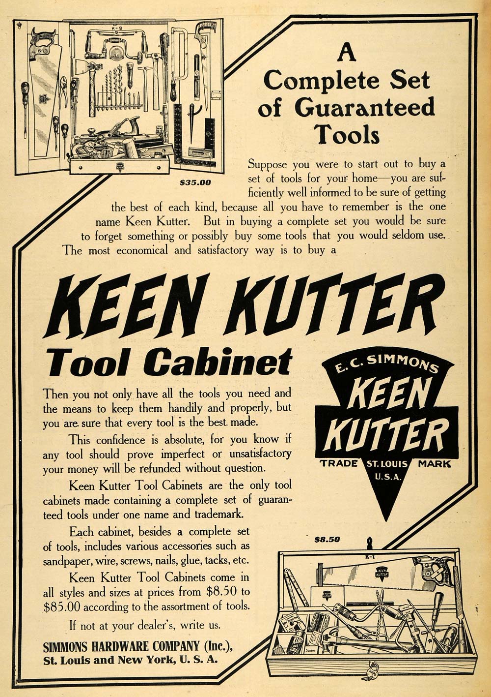 1907 Ad Keen Kutter Tool Cabinet Price Simmons Hardware - ORIGINAL CG2