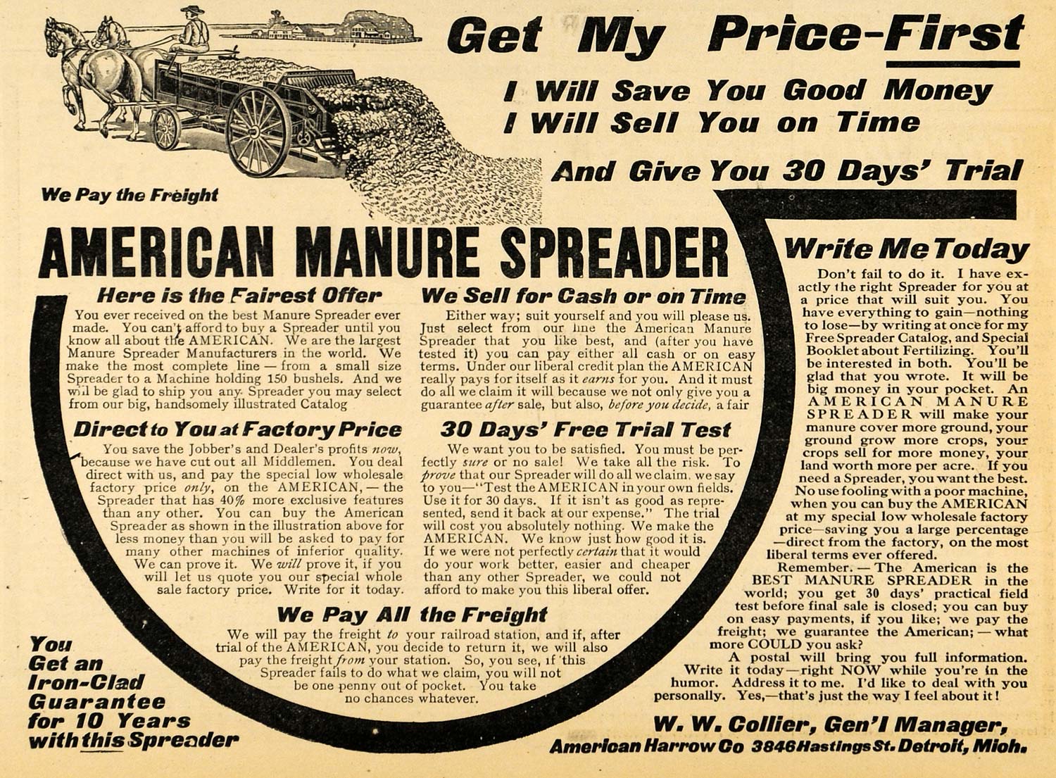 1907 Ad W. W. Collier American Manure Spreader Farming - ORIGINAL CG2