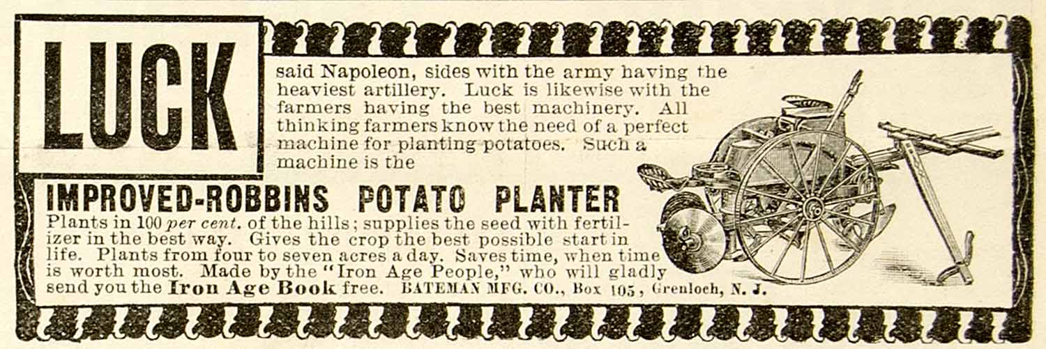 1898 Advert Luck Bateman Potato Planter Agriculture Farming Improved-Robbins CG3