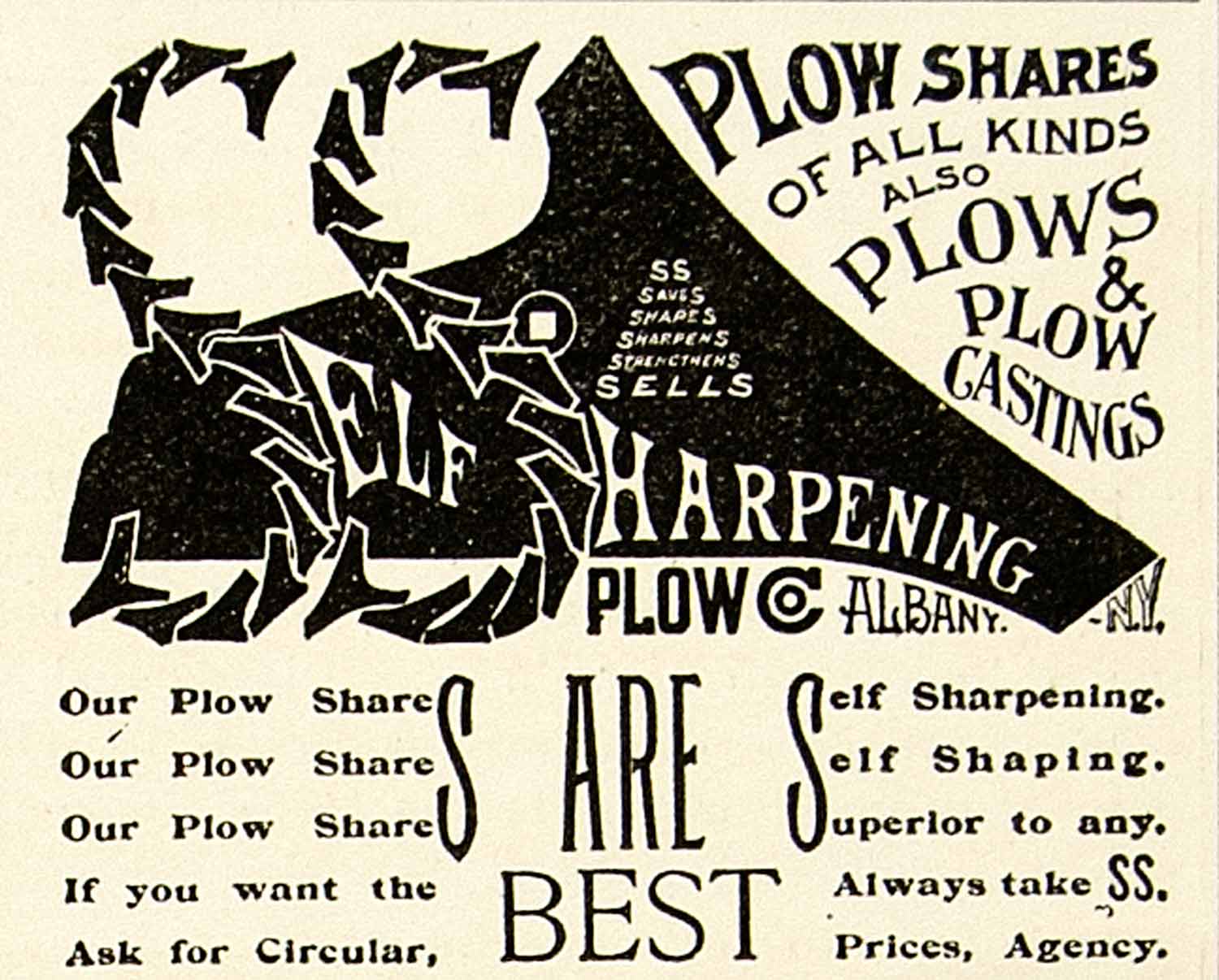 1898 Advert Self Sharpening Plow Plough Albany SS Agricultural Implement CG3