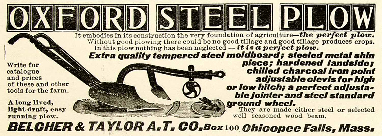 1898 Ad Oxford Steel Plow Belcher Taylor A.T. Chicopee Falls Plough CG3