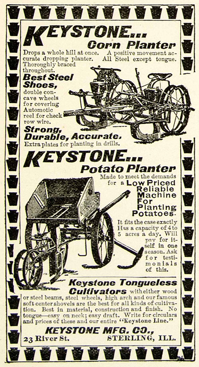 1898 Ad Keystone Corn Planter Potato Tongueless Cultivators Agricultur ...
