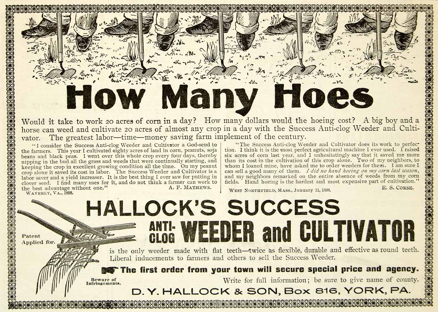 1898 Advert D. Y. Hallock Success Anti-Clog Weeder Cultivator Farming CG3