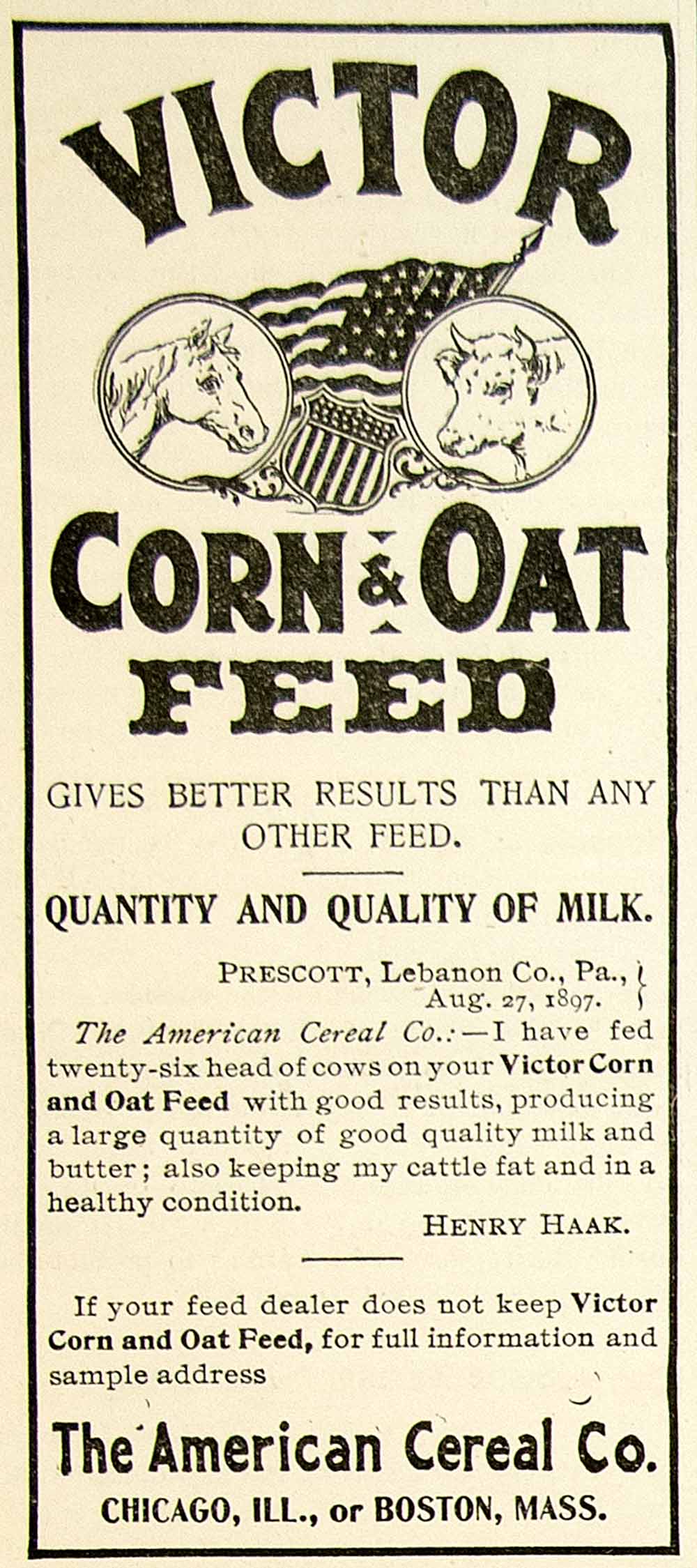 1898 Ad Victor Corn Oat Feed Agricultural Farming American Cereal Henry Haak CG3