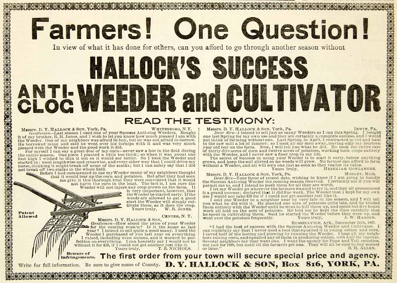 1898 Ad D. Y. Hallock Success Anti-Clog Weeder Cultivator Hezekiah Gongamere CG3