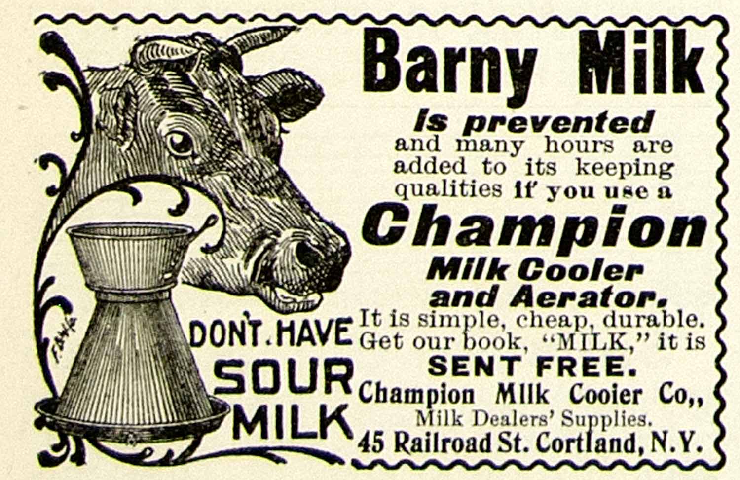 1898 Advert Barny Milk 45 Railroad Street Cortland Champion Cooler Aerator CG3