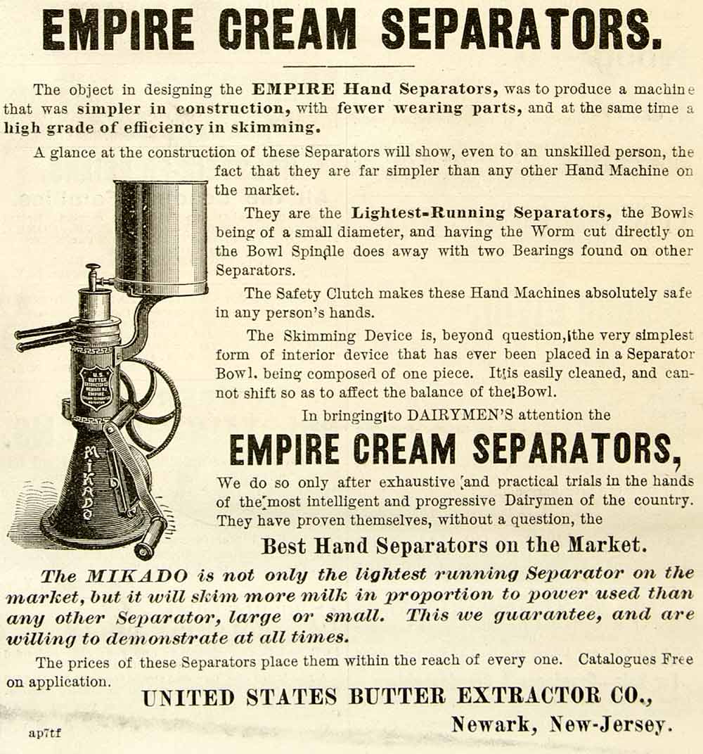 1898 Ad Empire Cream Separators Butter Extractor Newark Mikado Dairy CG3